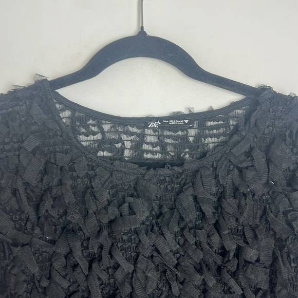 ZARA Women's Black Fringe Textured Short Sleeve Cropped Blouse Top Size L - Picture 7 of 12